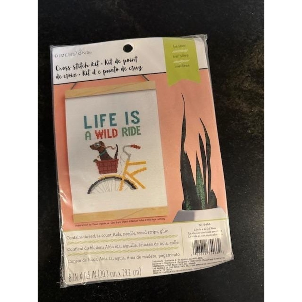 Dimensions Cross Stitch Kit Life is a Wild Ride Banner Dachshund Bicycle New